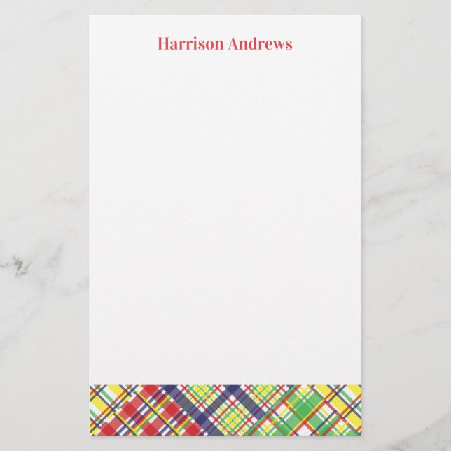 Plaid Madras Personalized Stationery Sheets (Front)