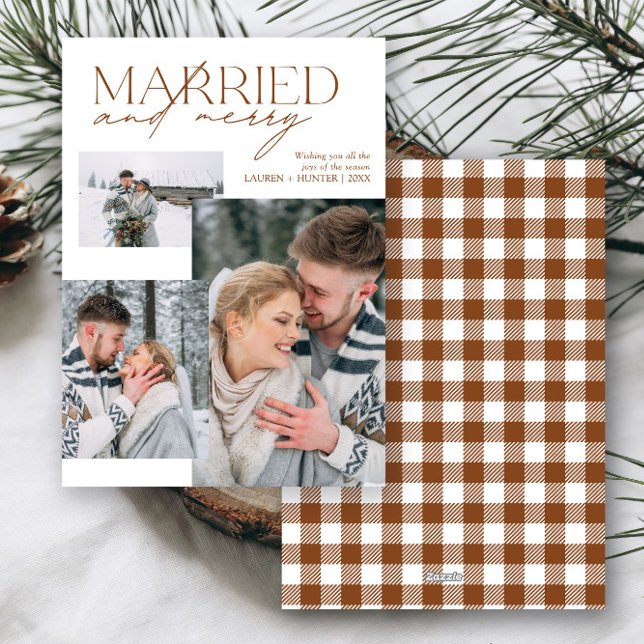 Plaid Married and Merry Script Newlywed Photos Holiday Card (Creator Uploaded)