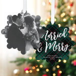 Plaid Married & Merry Script Big Photo Christmas  Ornament Card<br><div class="desc">These festive paper ornament cards feature a large single photo on the front of the card. On the back is a cozy green and black plaid background, a large EDITABLE script greeting in white, and your text in a classic serif font. These ornaments make a fabulous holiday card that will...</div>