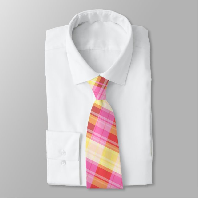 plaid men's tie red, pink, yellow, orange (Tied)