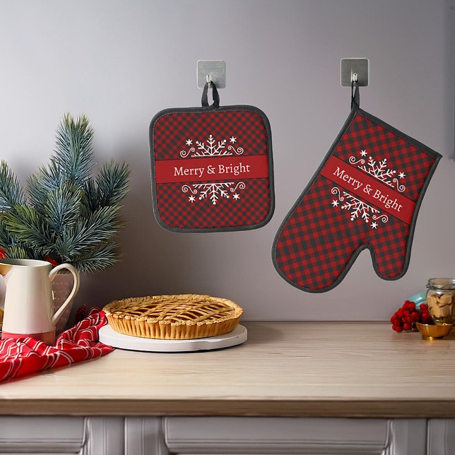 Plaid Merry & Bright snowflake custom Oven Mitt & Pot Holder Set (Creator Uploaded)
