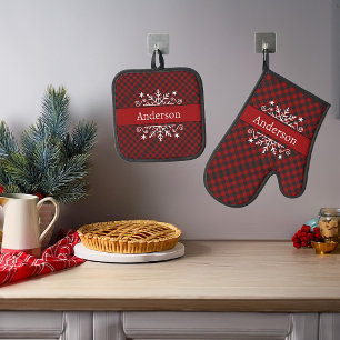 Plaid Merry & Bright snowflake personalized Oven Mitt & Pot Holder Set