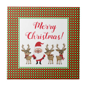 Plaid Merry Christmas Custom Santa Claus Reindeer Tile