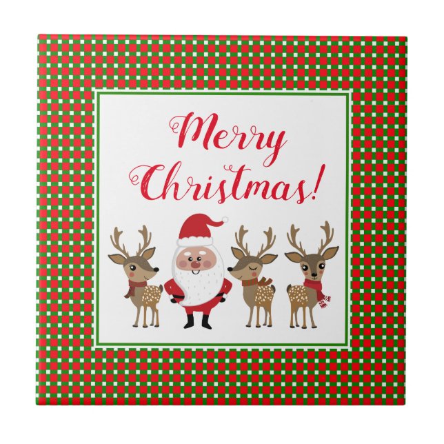 Plaid Merry Christmas Custom Santa Claus Reindeer Tile (Front)