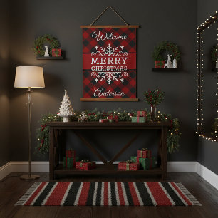 Plaid Merry Christmas snowflake  Hanging Tapestry