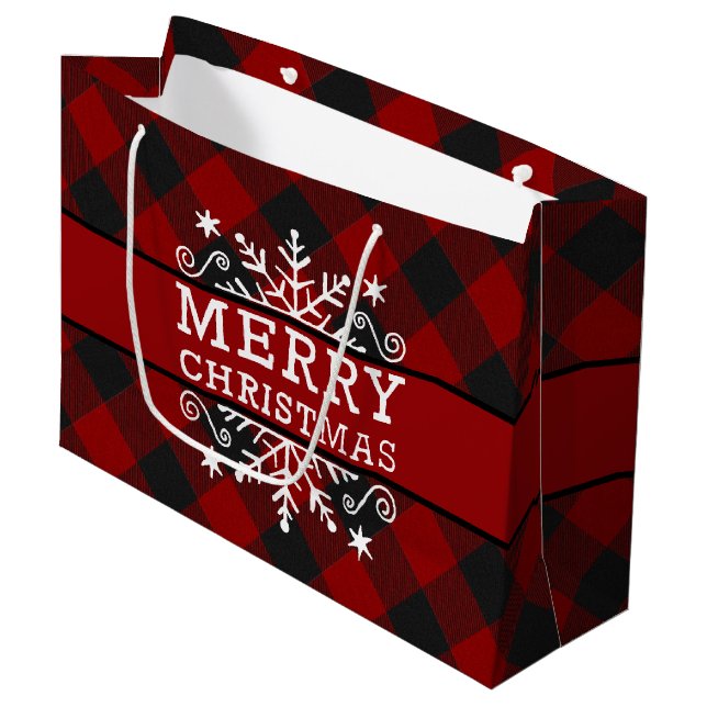 Plaid Merry Christmas snowflake  Large Gift Bag (Front Angled)