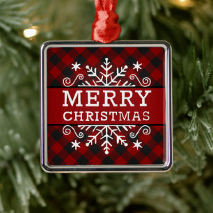 Plaid Merry Christmas snowflake Metal Ornament