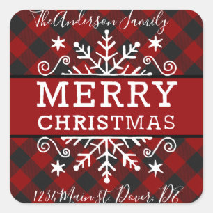 Plaid Merry Christmas snowflake name and address Square Sticker