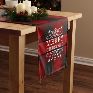 Plaid Merry Christmas snowflake Short Table Runner