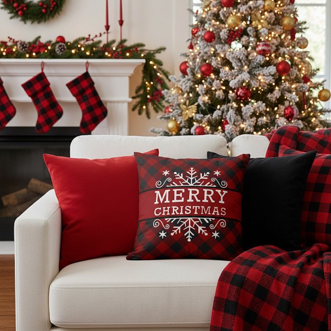Plaid Merry Christmas snowflake  Throw Pillow (Creator Uploaded)
