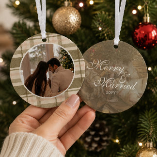 Plaid Meryy And Married Couple Photo Personalized Metal Ornament
