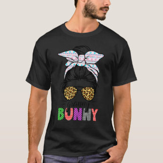 Plaid Messy Bun Granny Bunny Easter Leopard Women T-Shirt