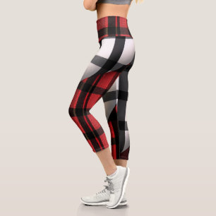 Plaid Modern Abstract Red Black Plaid Collection Capri Leggings