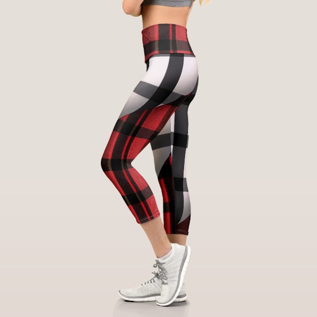 Plaid Modern Abstract Red Black Plaid Collection Capri Leggings (Left)
