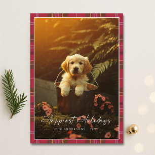 Plaid Modern Script Happiest Holidays Puppy Photo Holiday Card