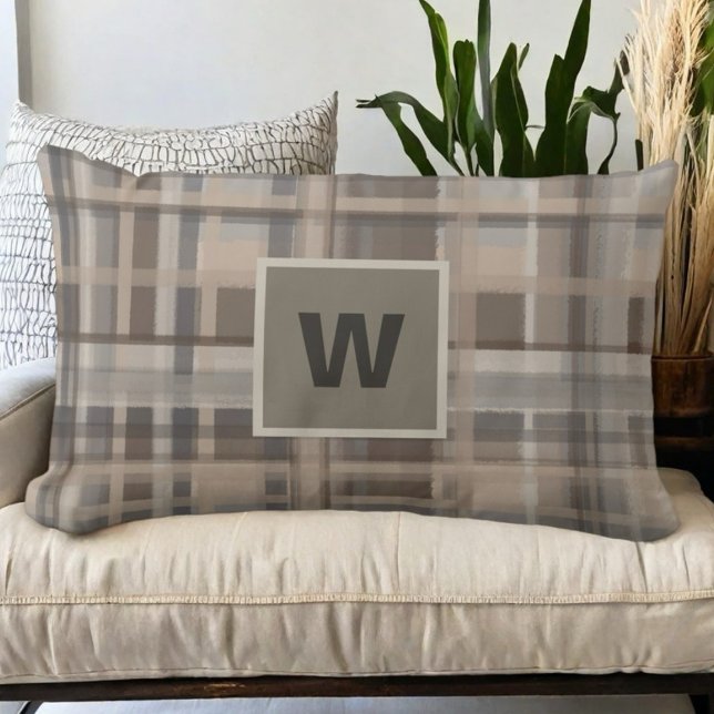 Plaid monogram beige brown tan grey farmhouse  lumbar pillow (Creator Uploaded)