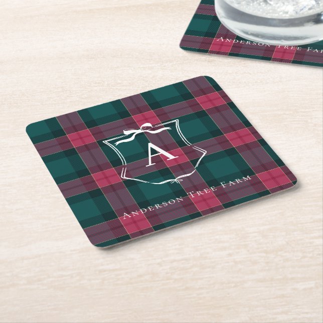 Plaid Monogram | Custom Holiday Logo Square Paper Coaster (Angled)
