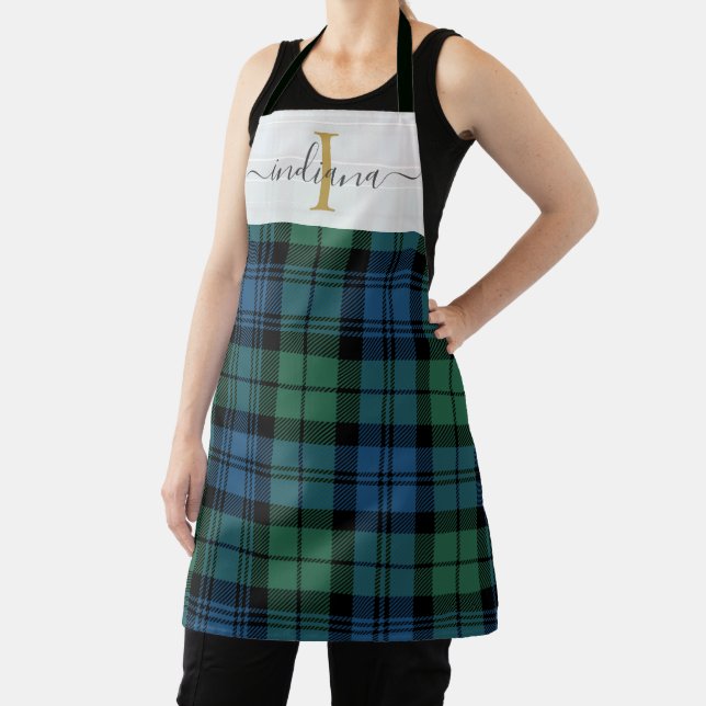 Plaid Monogram Green Name Rustic Tartan Apron (Insitu)
