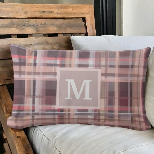 Plaid monogram maroon blush pink tan peach  lumbar pillow (Creator Uploaded)