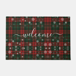 Plaid Monogram Script Snowflakes Rustic Doormat