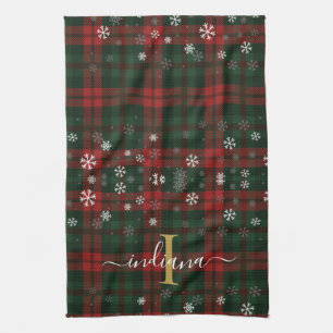Plaid Monogram Script Snowflakes Rustic Name Kitchen Towel