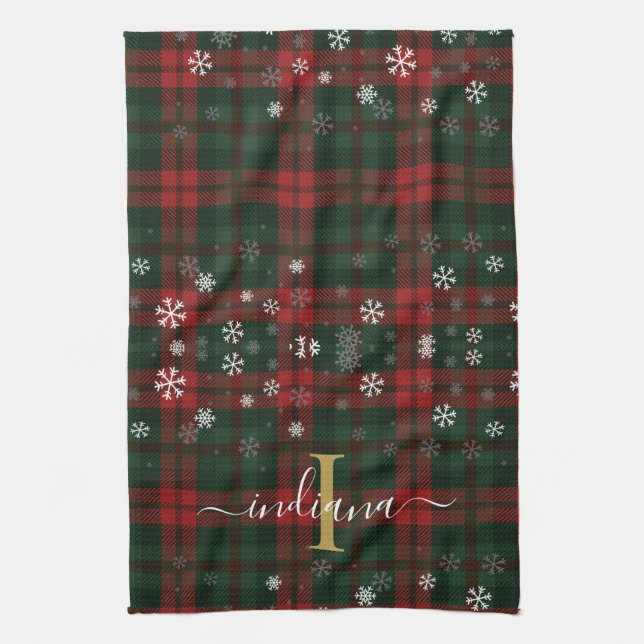 Plaid Monogram Script Snowflakes Rustic Name Kitchen Towel (Vertical)