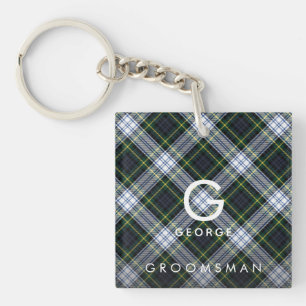 Plaid Monogram White Green Check Tartan Groomsman Keychain