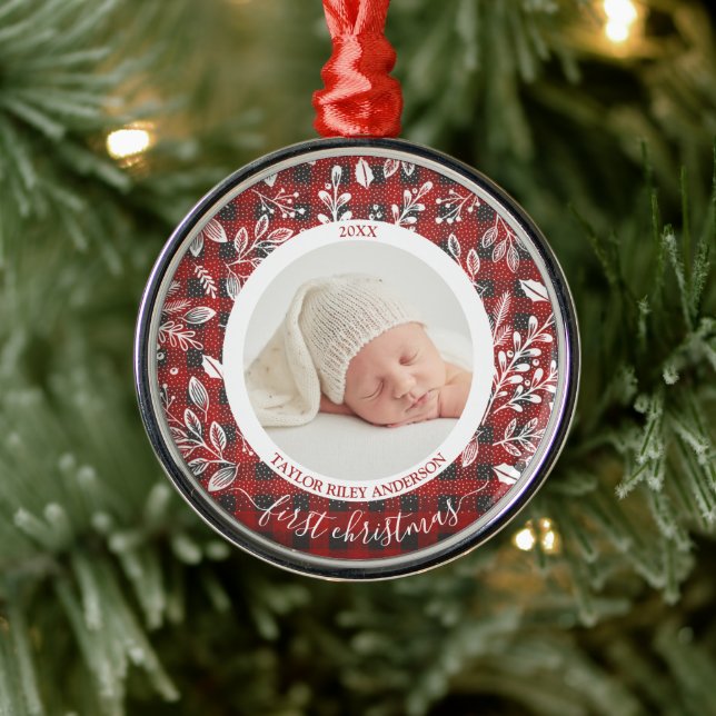 Plaid My First Christmas Photo Metal Ornament (Tree)