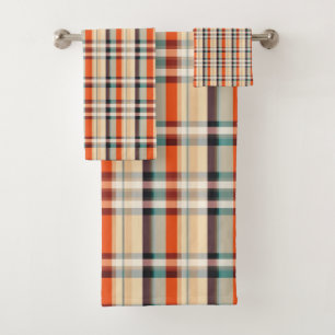 Plaid Orange Brown and Grey Bath Towel Set