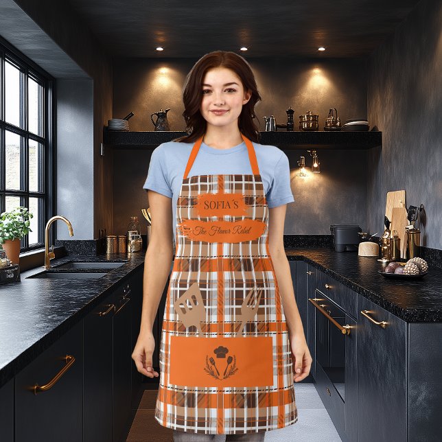 Plaid Orange Customizable with Kitchen Utensils Apron (Creator Uploaded)