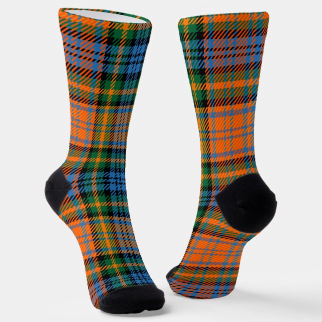 Plaid Orange Green Check Rustic Bright Tartan Socks (Angled)