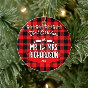 Plaid Our First Christmas as Mr and Mrs Newlywed Ceramic Ornament