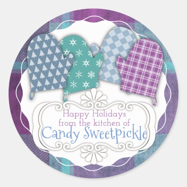 Plaid oven mitts Christmas from the kitchen of Classic Round Sticker (Front)