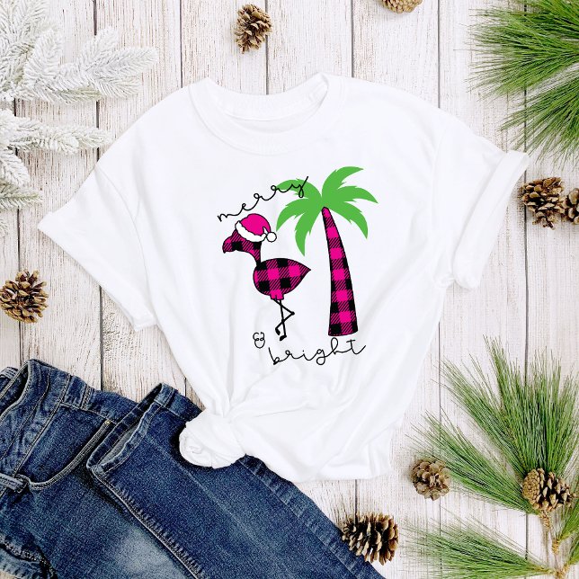 Plaid Palm Tree Flamingo Merry & Bright Women's T-Shirt (Creator Uploaded)