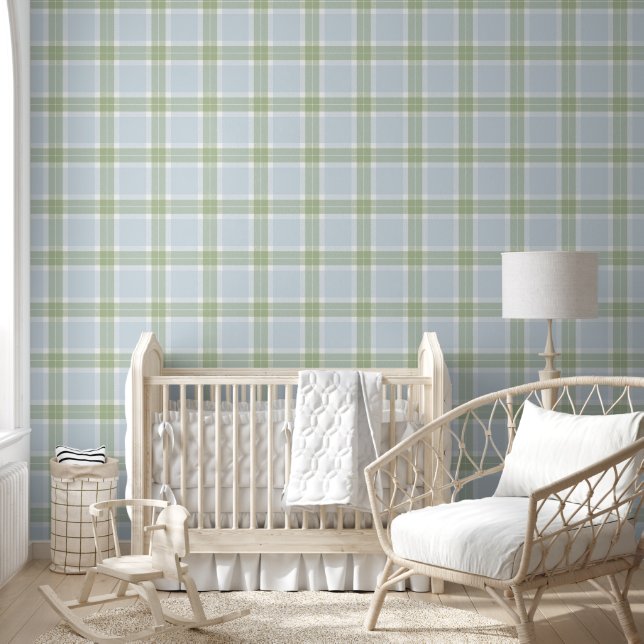 Plaid pastel Danish blue and Sage green Wallpaper (Kids)