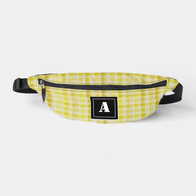 Plaid Pattern Gingham Check Yellow White Monogram Fanny Pack (Front)
