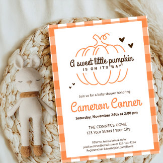 Plaid Pattern Pumpkin On Its Way Fall Baby Shower Invitation
