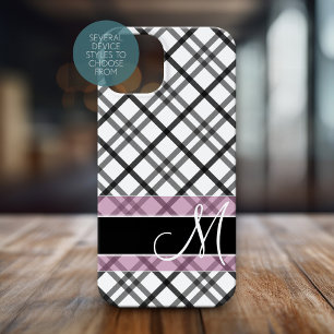 Plaid Pattern with Monogram - black white pink iPhone 15 Case