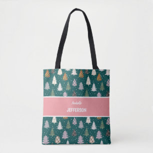 Plaid Patterned Christmas Trees pattern Monogram Tote Bag