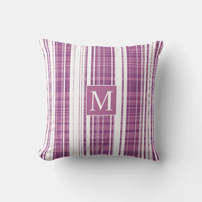 Plaid Patterns Stripes Monogram Purple White Outdoor Pillow (Front)