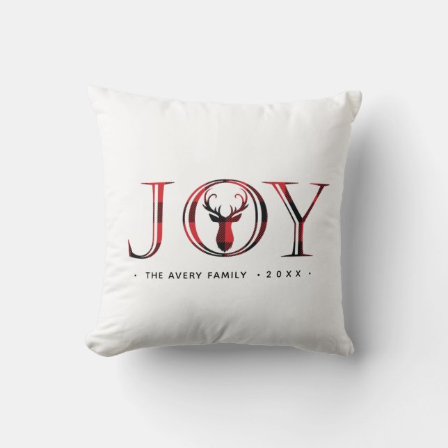Plaid Personalized Joy Christmas Throw Pillow (Front)
