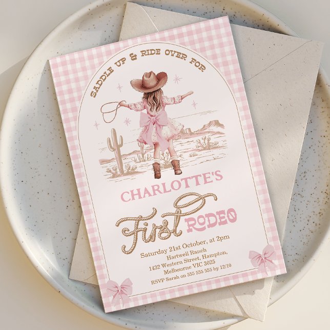 Plaid Pink Bows Girls First Rodeo 1st Birthday  Invitation (First Rodeo Birthday Invitation Template, Cowgirl  1st Birthday Invite, Rodeo 1st Birthday Girl)