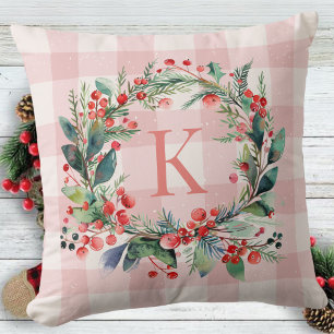 Plaid Pink Monogram Greenery  Christmas Wreath Throw Pillow
