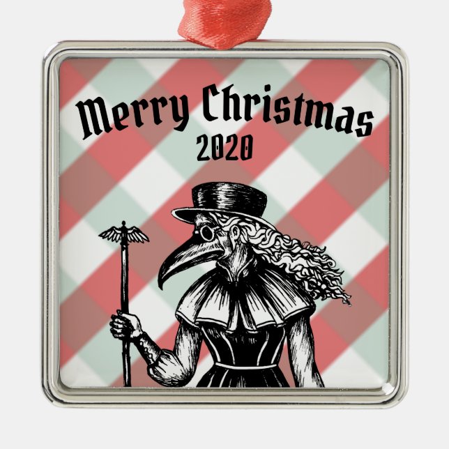 Plaid Plague Doctor Christmas Metal Ornament (Front)