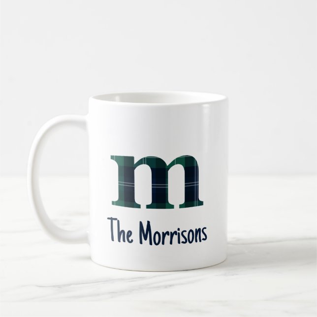 Plaid Print Lowercase Letter m Initial and Name Coffee Mug (Left)