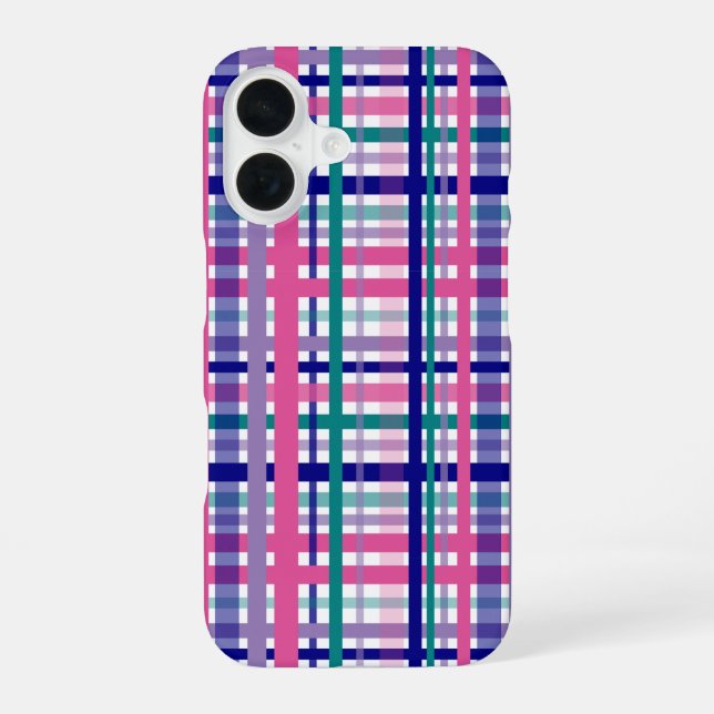 Plaid Purple Pink Teal Navy Blue Pattern iPhone 16 Case (Back)