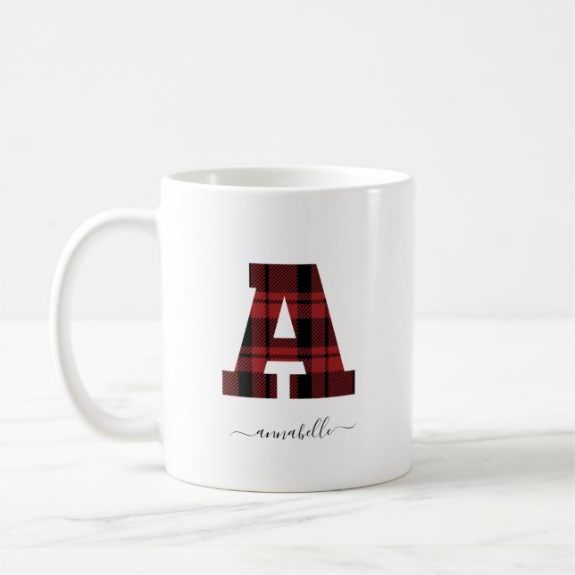 Plaid Red and Black Monogram Letter "A" Coffee Mug (Left)