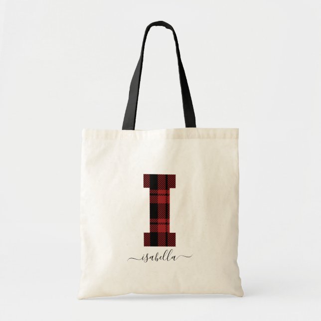 Plaid Red and Black Monogram Letter "I" Tote Bag (Front)