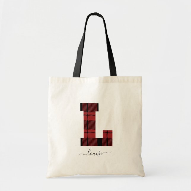 Plaid Red and Black Monogram Letter "L" Tote Bag (Front)