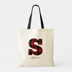 Plaid Red and Black Monogram Letter "S” Tote Bag
